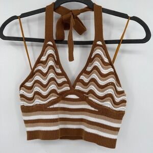 Y2K Knit Halter Crop Top Bralette‎ Brown Small Stripe Boho Festival Coachella